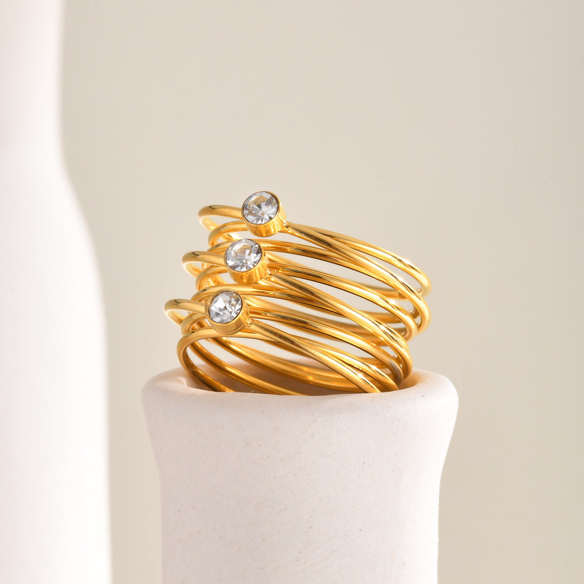 Stainless Steel Multi-Layer Line Round Zircon Ring Women's Gold