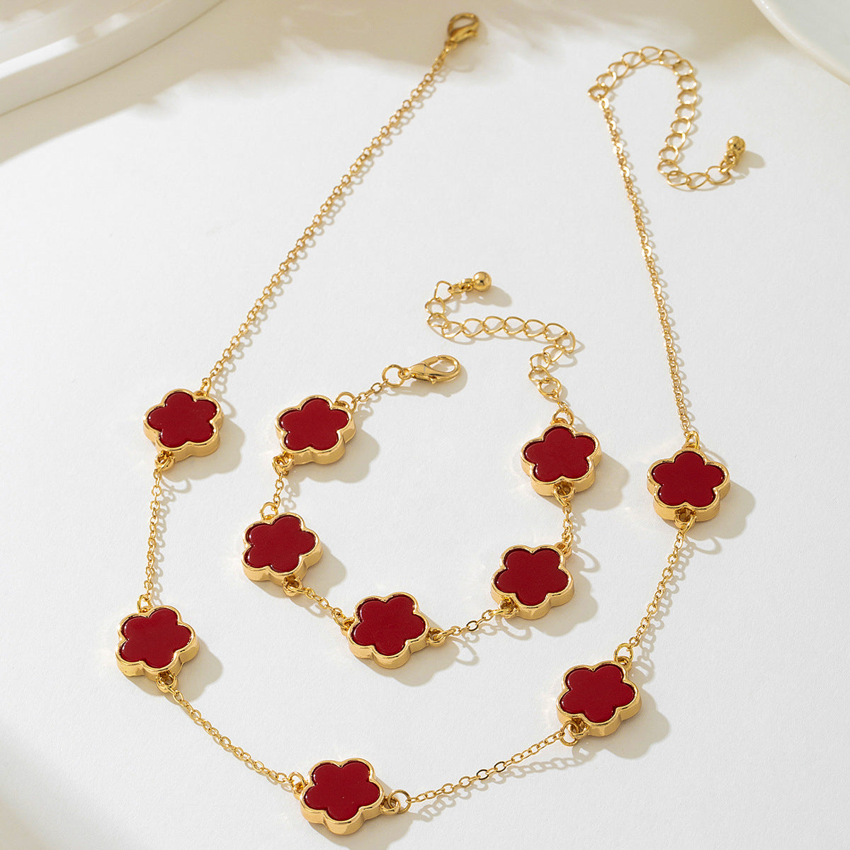 Elegant Red Five-Leaf Clover Jewelry Set for Women by Planderful