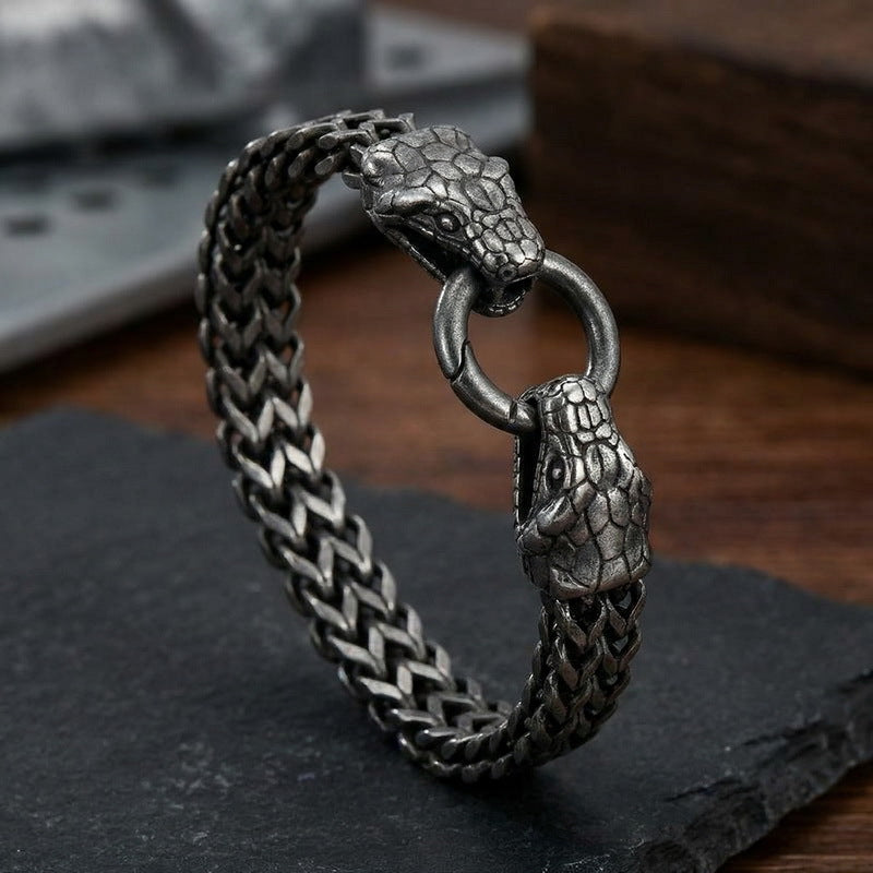 Zodiac Snake – Hip-Hop Rock Double Snake Head Front & Back Chain Stainless Steel Men's Bracelet