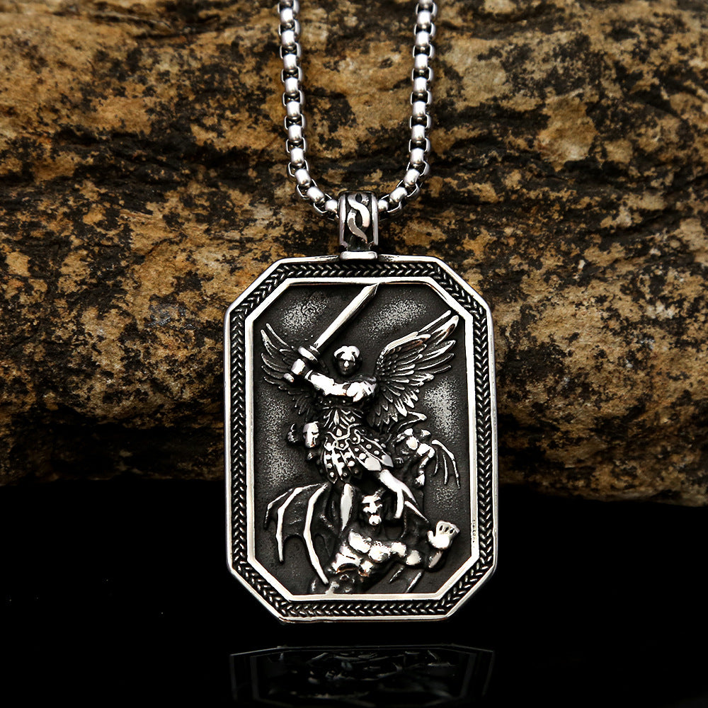 Titanium Steel Men's Retro Angel Guardian Pendant Necklace