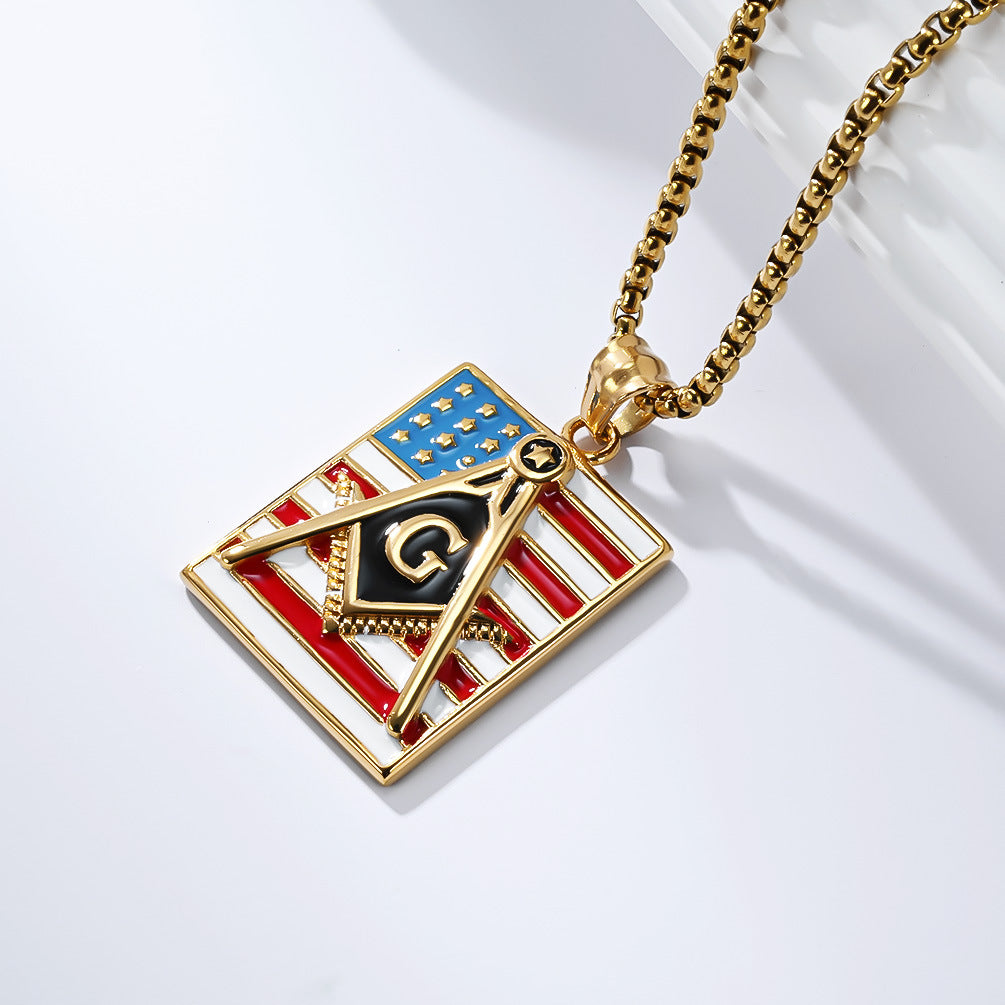 Planderful Freemason Stars And Stripes Necklace For Men Everyday Genie Stainless Steel Hip Hop Pendant