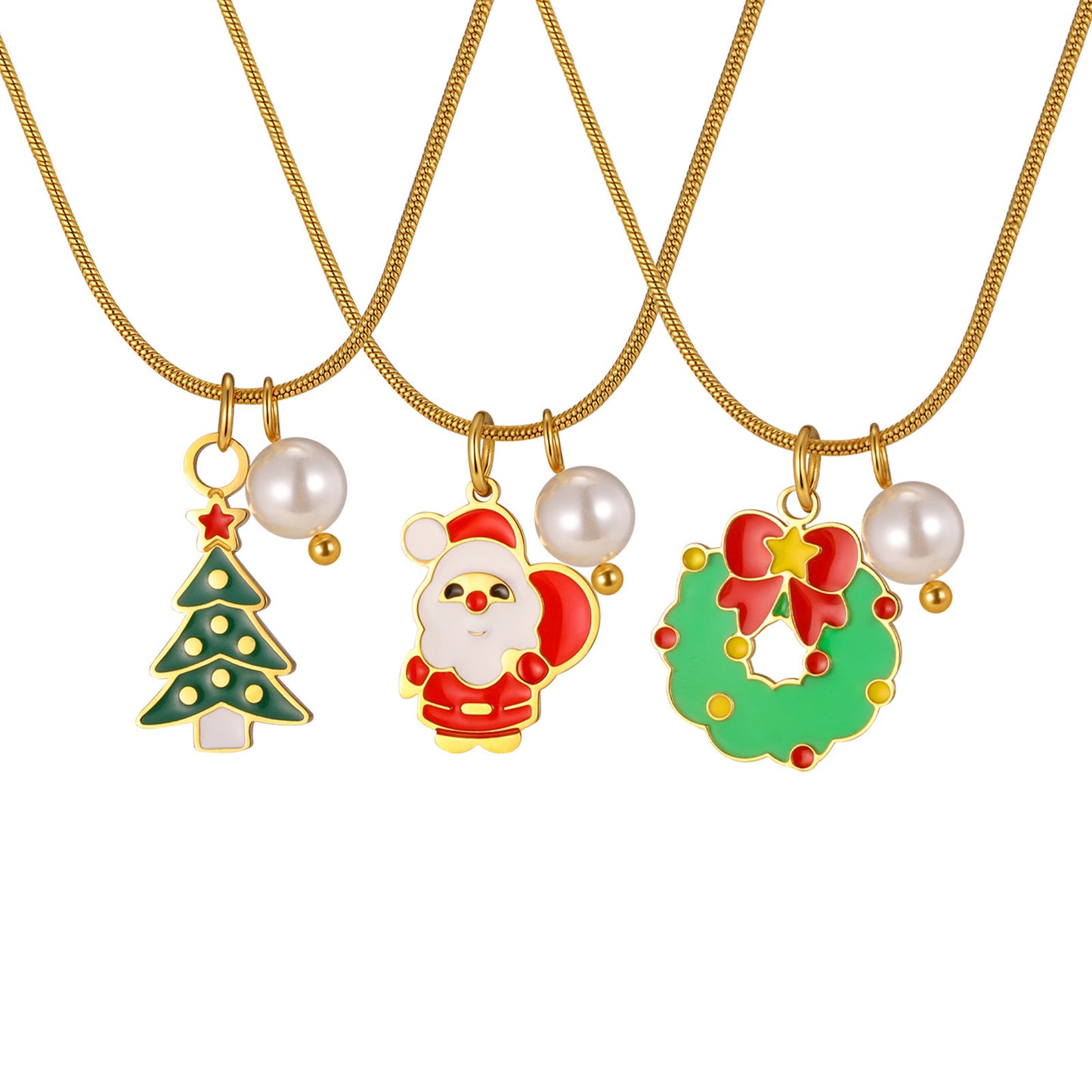 Stainless Steel Christmas Bells Santa Holiday Collection Girl Ornaments Pearl Necklace