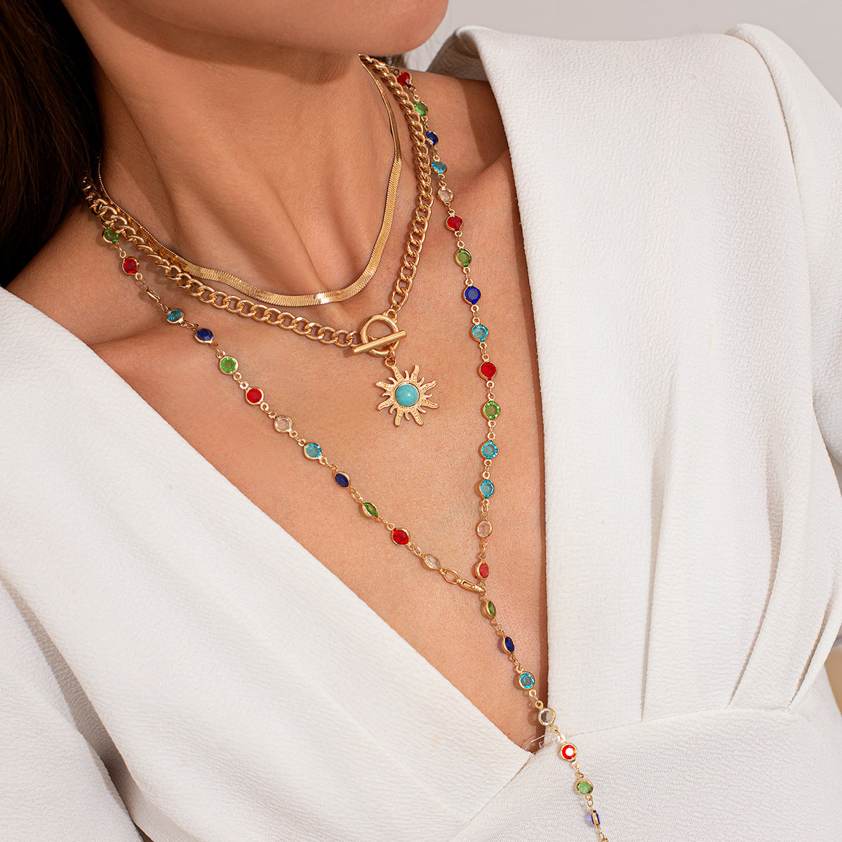 Sun Pendant Crystal-Style Layered Necklace Set