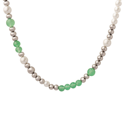 Trendy Brand Necklace with Jade Bead and Pearl Splicing Chain - Titanium Steel Women's Jewelry