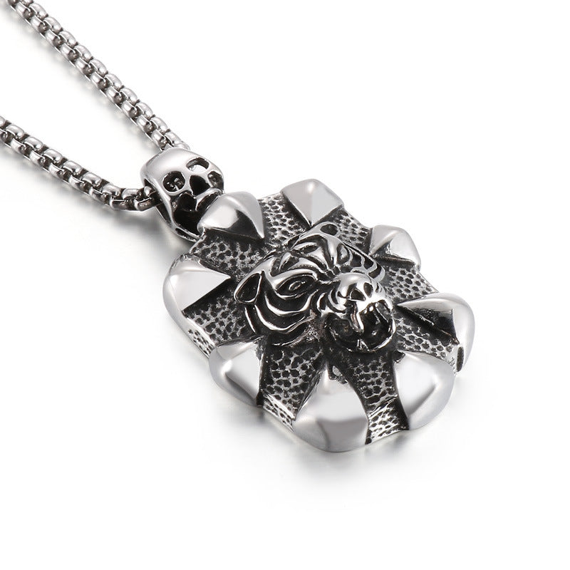 Trendy Retro Skull Army Pendant with Exaggerated Tiger Head Design, Halloween Inspired Titanium Steel Men's Necklace