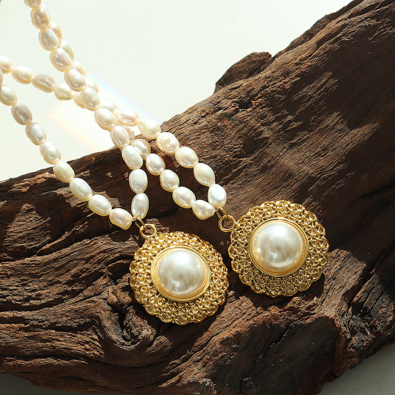 Elegant French-Inspired Pearl Necklace with Gold-Plated Straw Hat Pendant