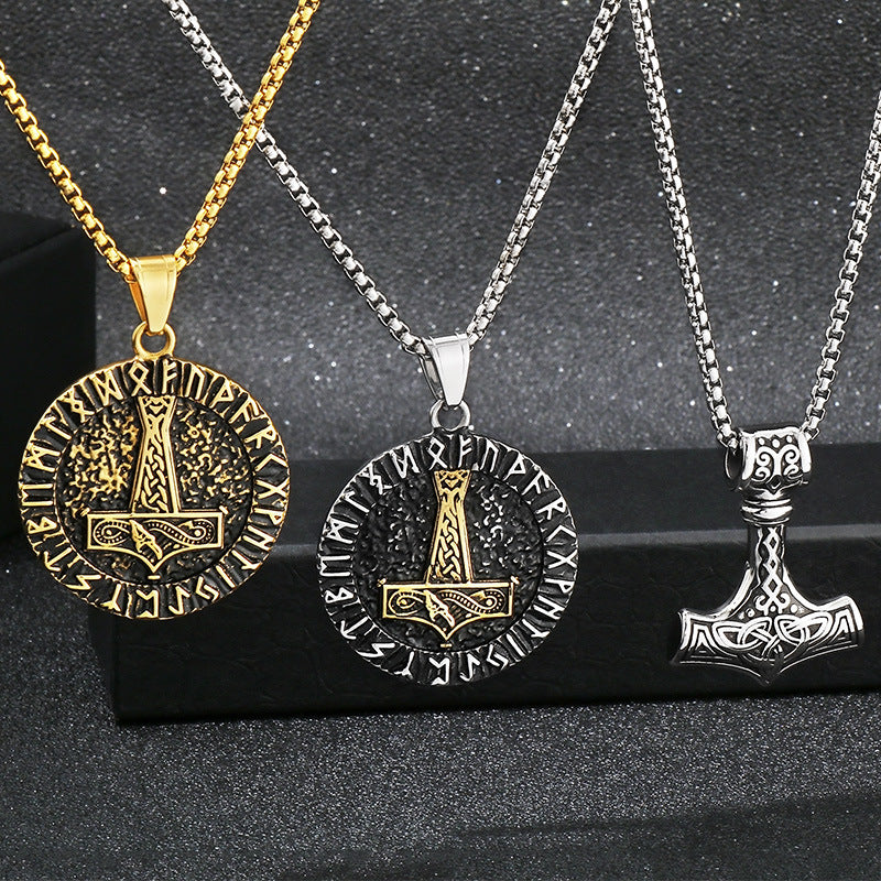Nordic Viking Triangle Rune Jewelry, Punk Style Retro Quake Double-Sided Rune Men's Titanium Necklace