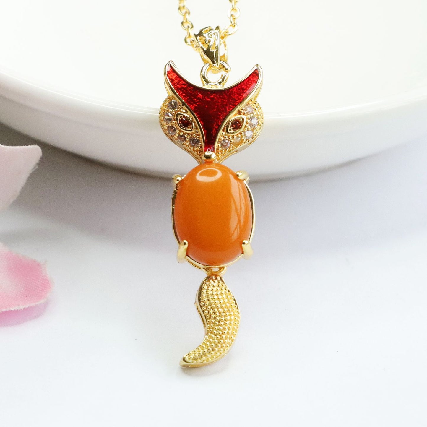 Fox Necklace with Honey Wax Amber and Zircon Accent