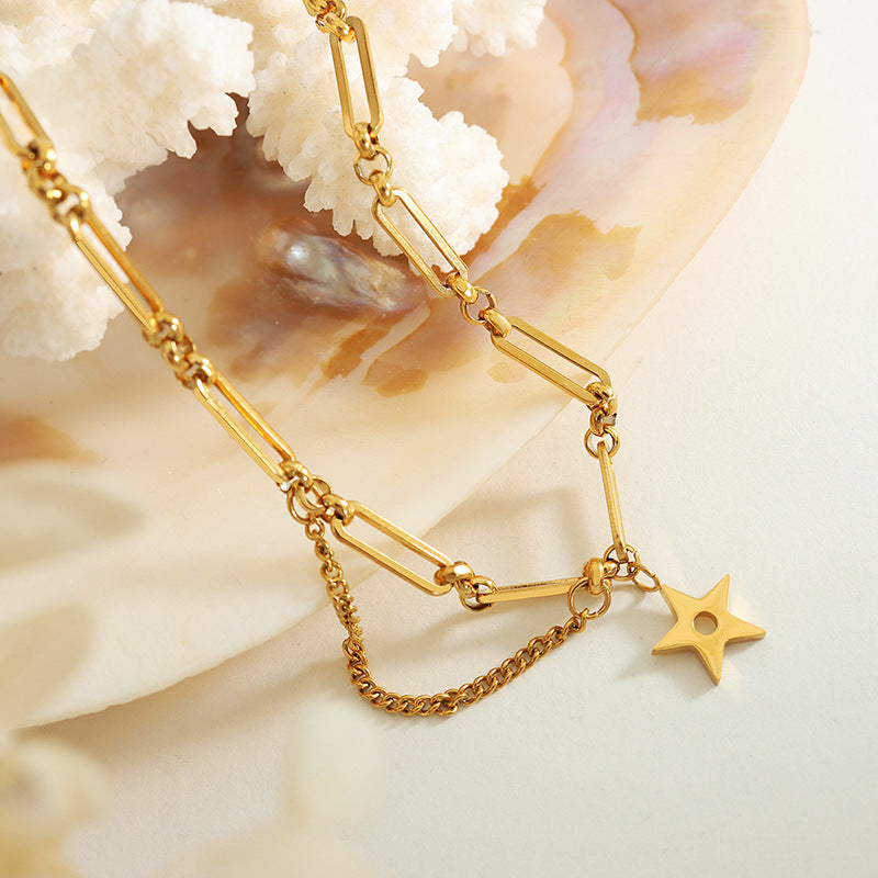 Starry Hollow Five-Pointed Star Tassel Necklace - Women's Titanium Gold-Plated Clavicle Chain