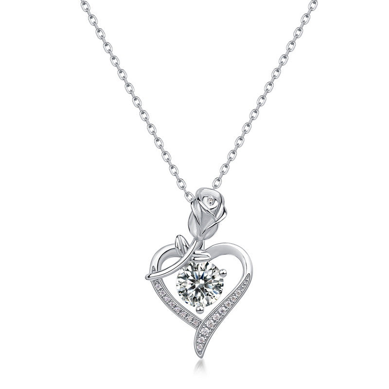 S925 Sterling Silver Moissanite Rose Pendant Necklace