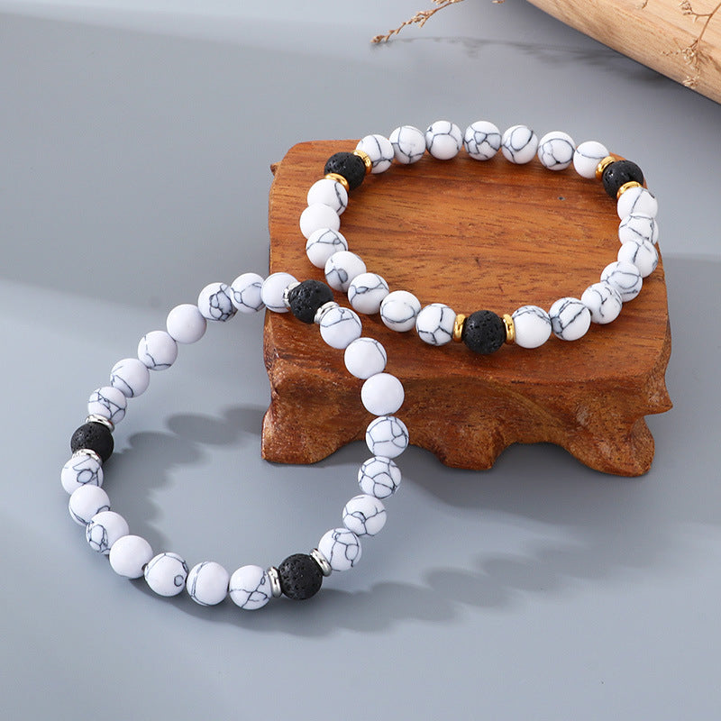 Turquoise Couple Girlfriend Bracelet – Stainless Steel Ring Volcanic Stone Elastic Rope