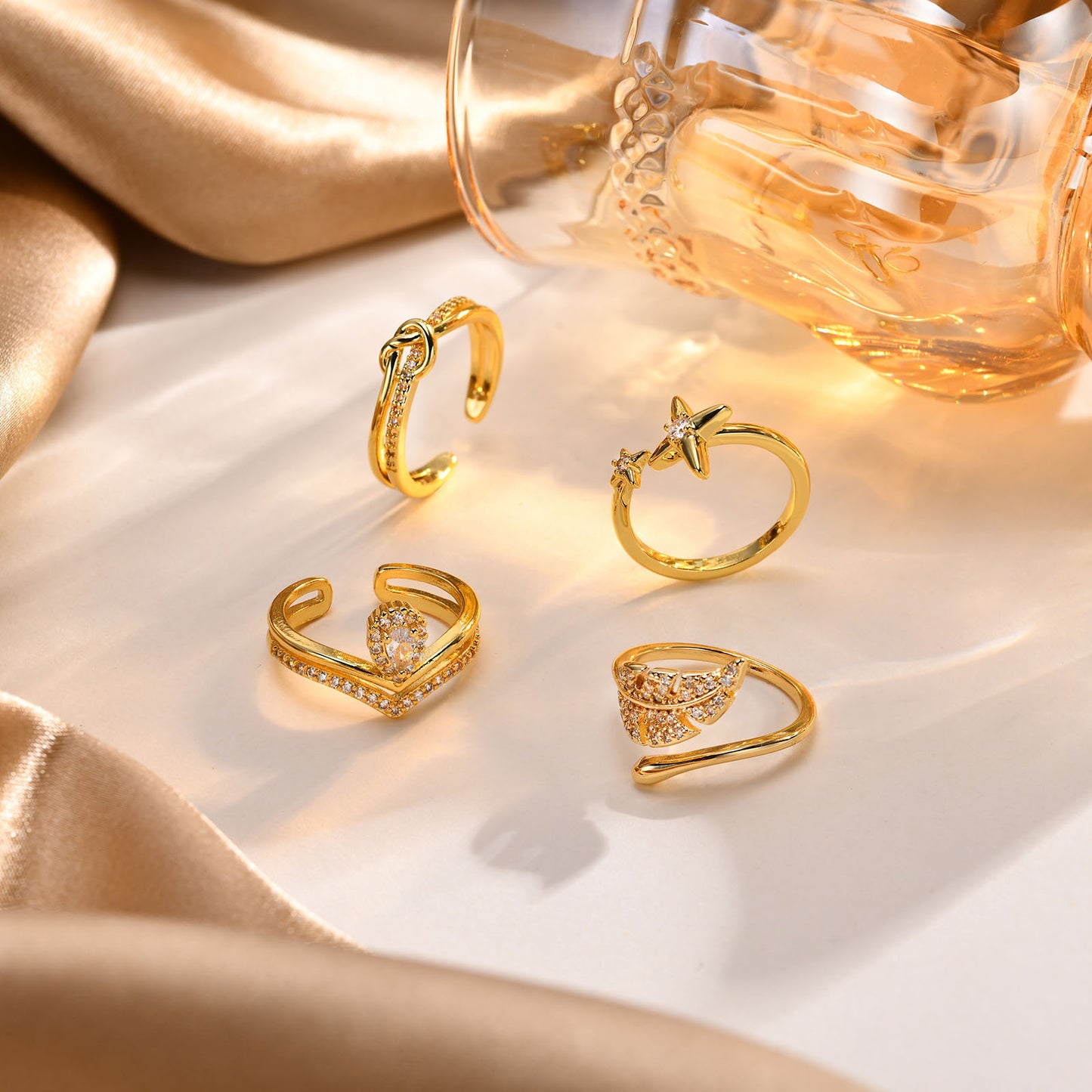 Ladies Gold Copper Zircon Quadrangram Water Drop Leaf Open Ring Jewelry