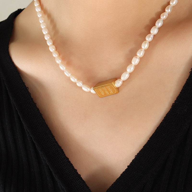 European American Triangle Carved Smiling Face Necklace - Titanium Steel & Freshwater Pearl