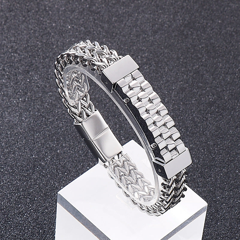 Trendy Men's Hip-Hop Style 18K Gold-Plated Titanium Steel Bracelet with Front and Back Chain Design