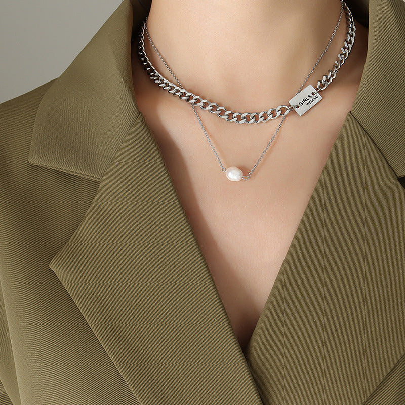 Elegant Titanium Steel Chain Necklace with Freshwater Pearl Pendant