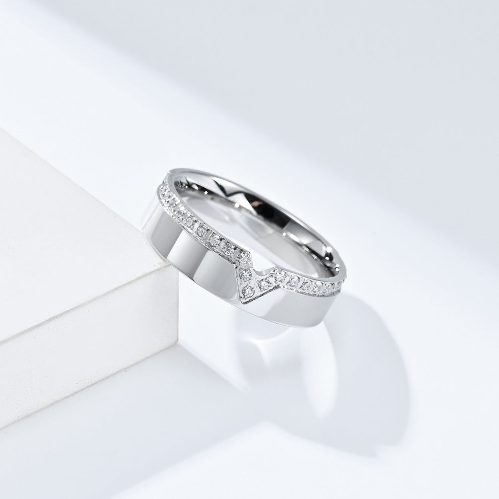 Stainless Steel Engraving Zircon V-Shaped Ring Women's
