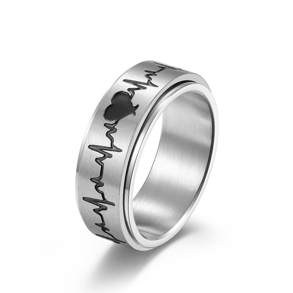 Stainless Steel Rotating Electrocardiogram Couple Ring – Heart Beat Stress-Relief Stainless