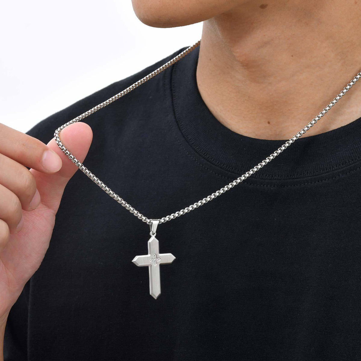 Unisex Classic Stainless Steel Inlaid Zircon Sand Surface Cross Pendant Square Pearl
