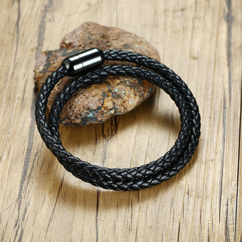 39MM Stainless Steel Two-Circle Black Leather Bracelet
