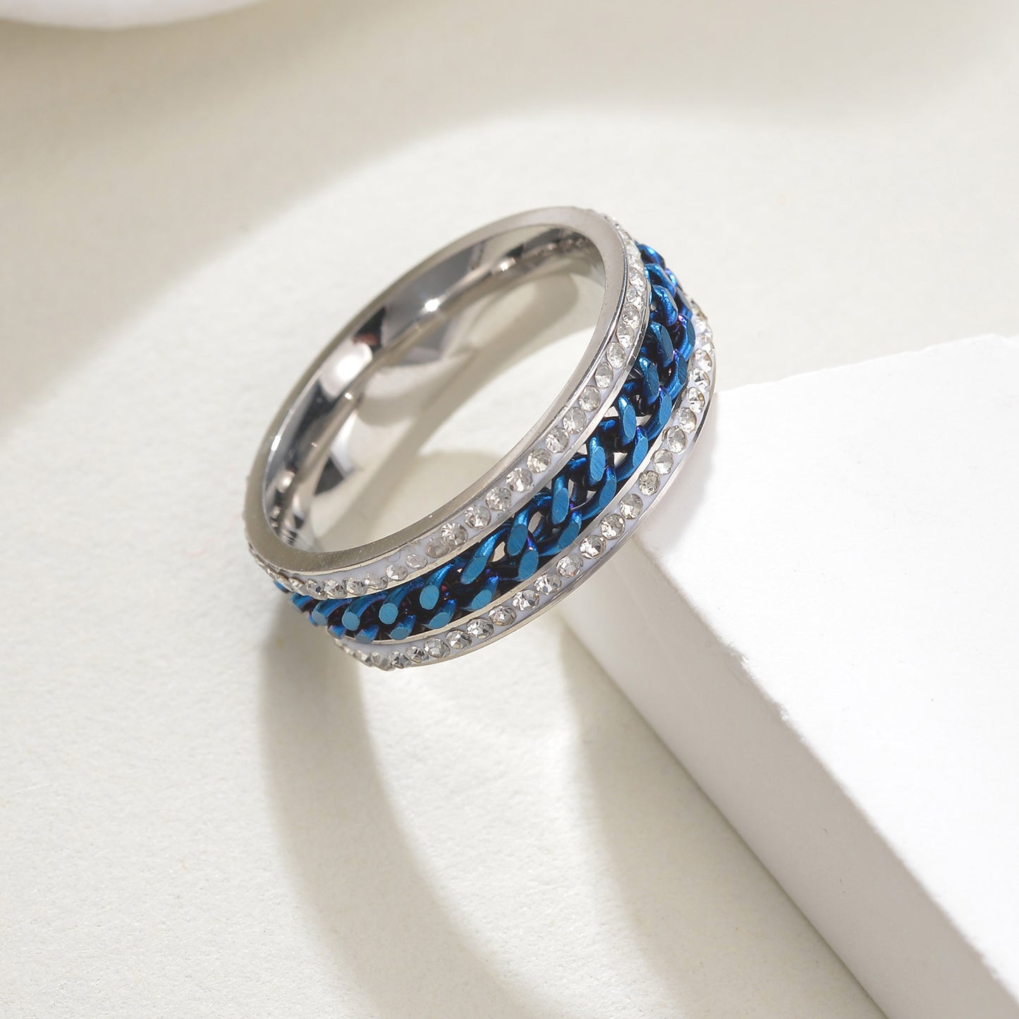 Planderful Everyday Genie Stainless Steel Rotatable Chain Double Row Zircon Couple Ring For Unisex
