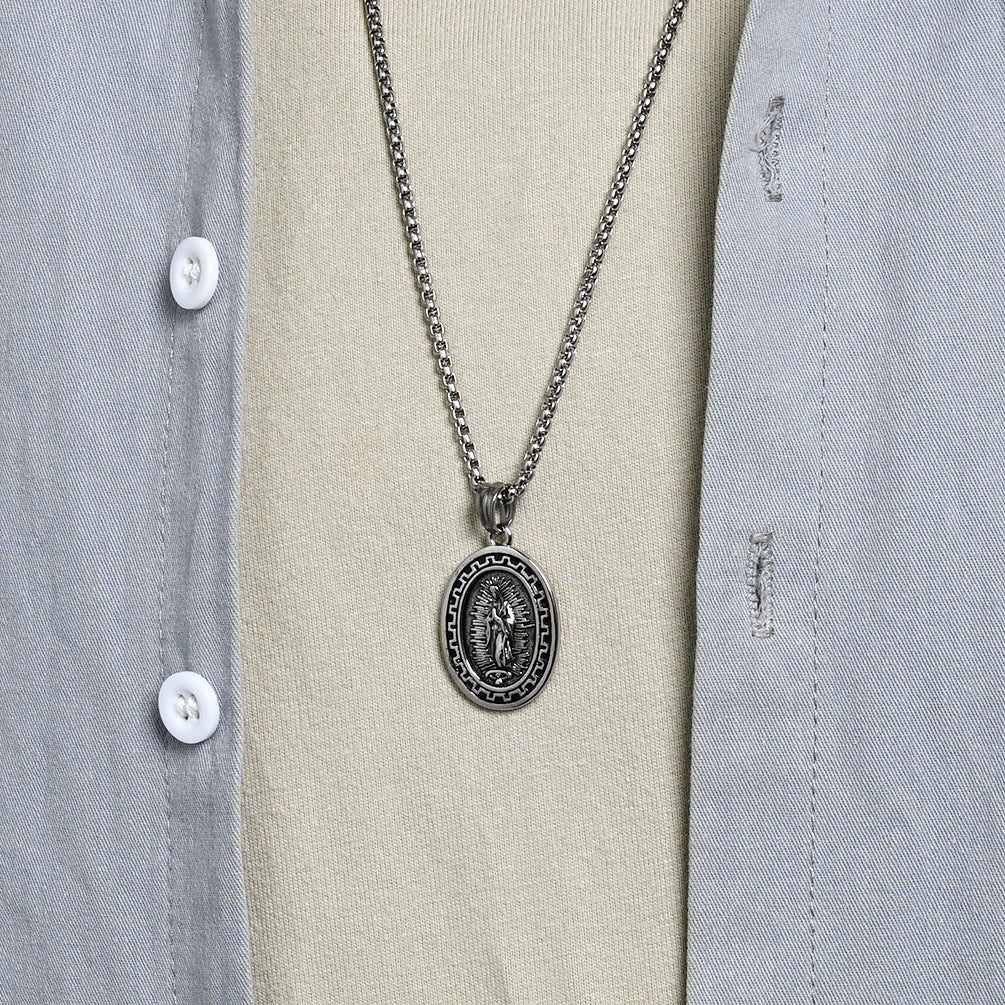 Planderful Virgin Mary Necklace For Men Retro Street Punk Steel Pendant Titanium Finish