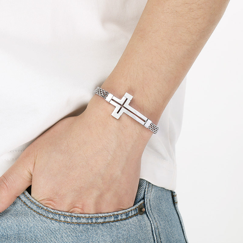 Men Wear – Stainless Steel Curved Bar Hollow Cross Men's Bracelet Can Be Adjusted