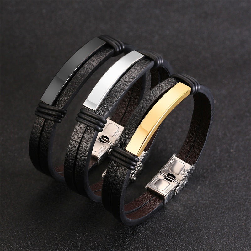 AliExpress Amazon Hot-Selling Black Stainless Steel Men's Bracelet Double Leather Bracelet Spot for Men