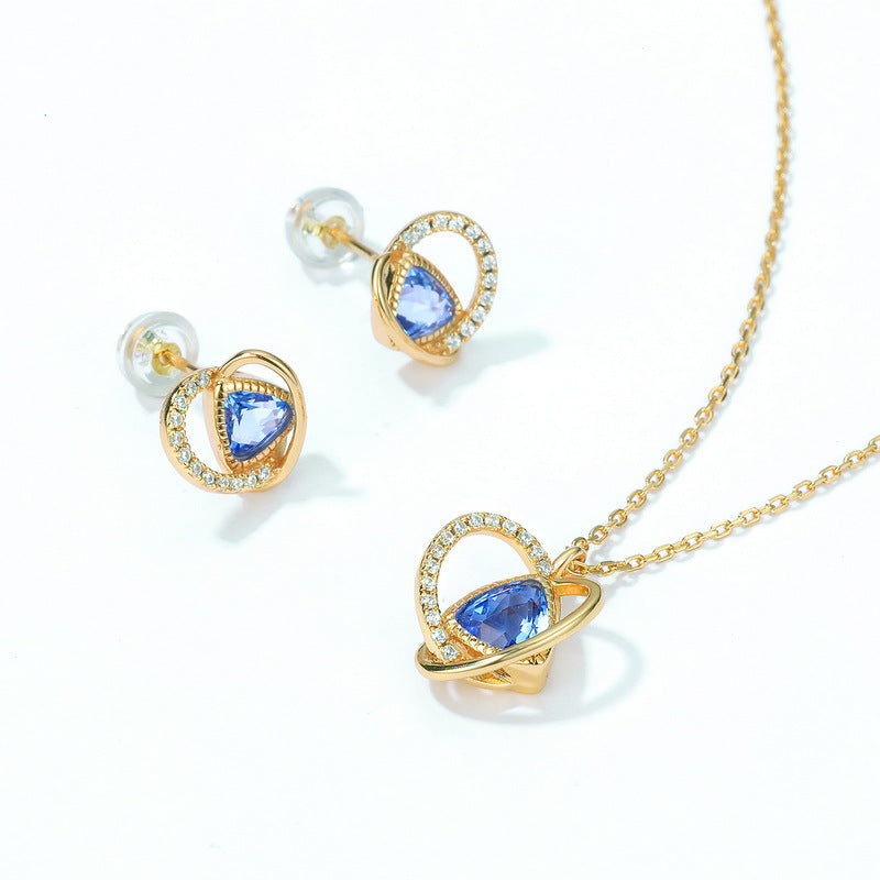 Triangle Blue Crystal Geometric Heart Shape Sterling Silver Stud Earrings