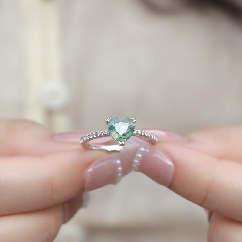 S925 Sterling Silver Moss Agate Heart Prong-Set Ring
