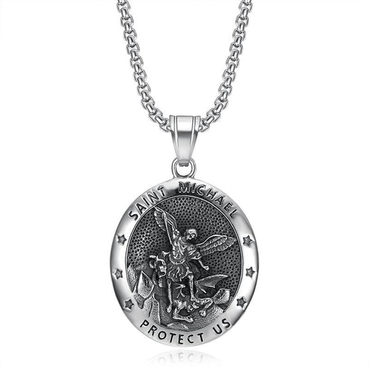 Planderful Everyday Genie St Michael Angel Pendant Necklace Unisex Stainless Steel Vintage Hip Hop Style Bless You