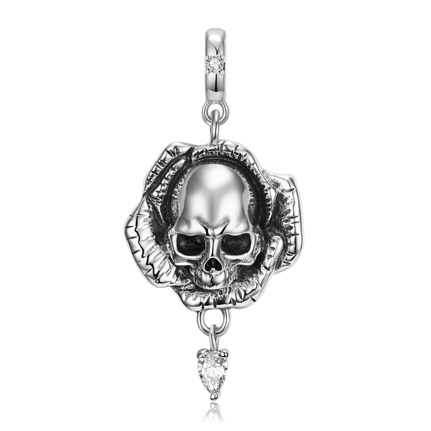 Halloween Skull Flower Pendant Pear Shape Zircon Silver Necklace