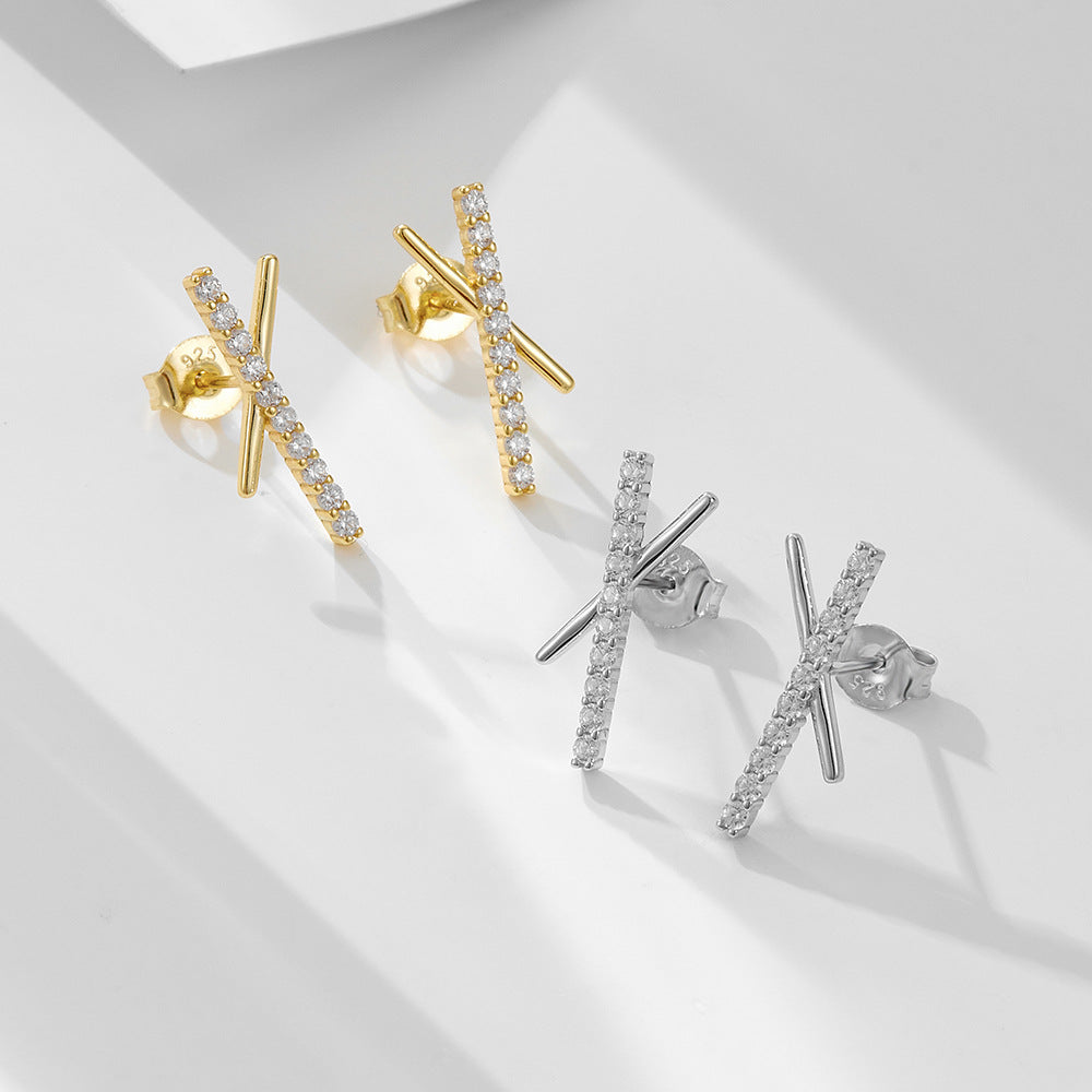 S925 Sterling Silver Geometric Cross Letter X Zircon Stud Earrings