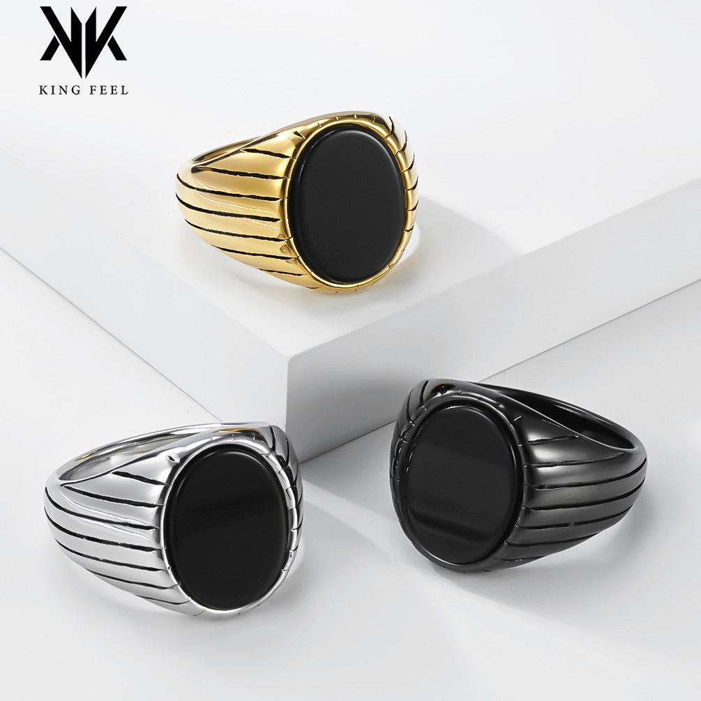 Minimalist Stainless Steel Black Gemstone Ring Men's
