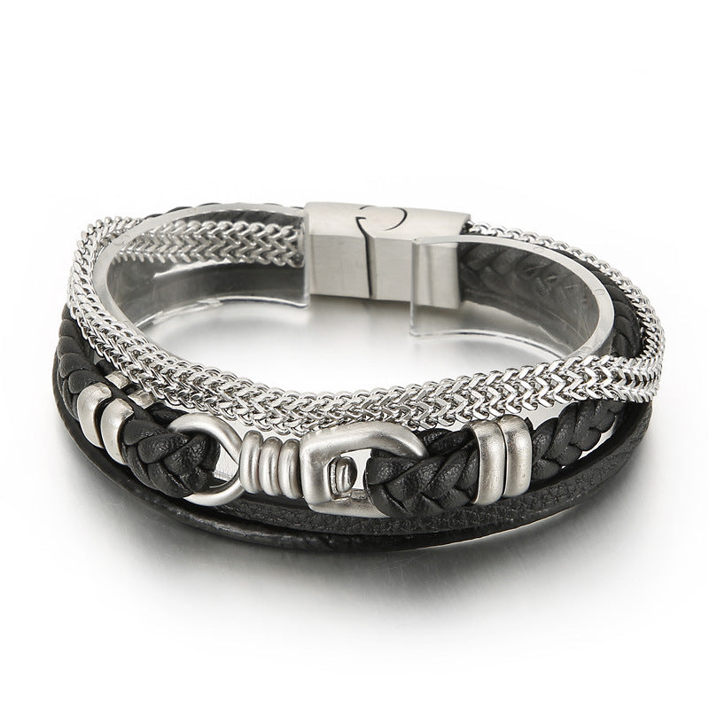 Planderful Mens Leather Bracelet Magnetic Buckle Steel