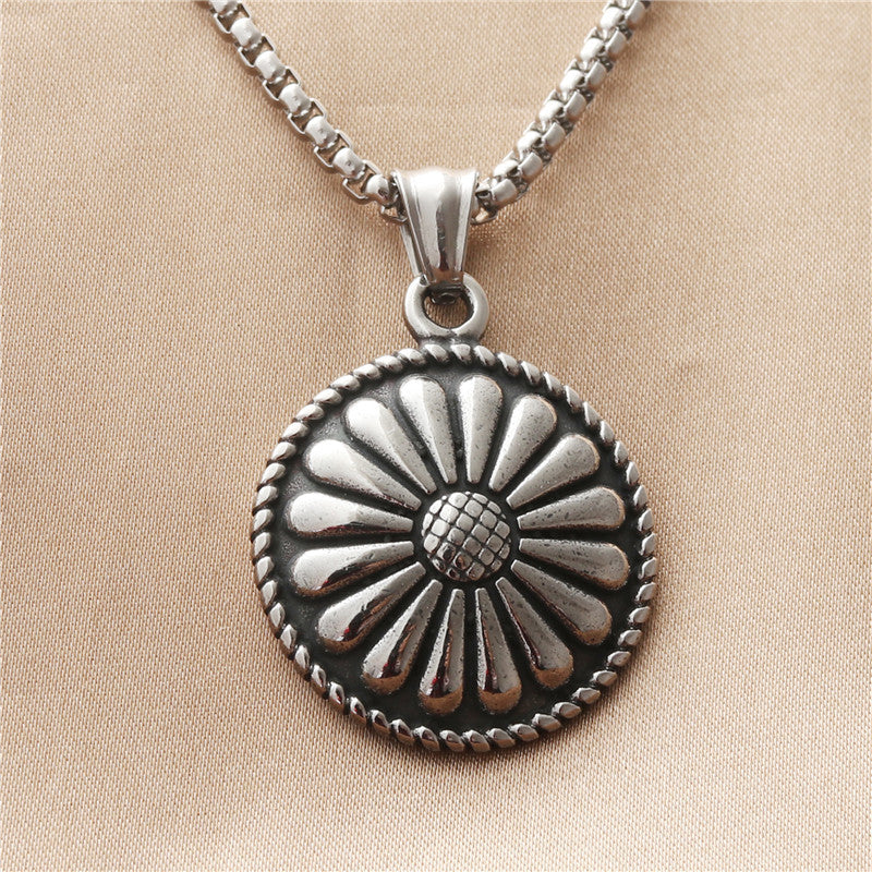 Personalized Punk Sunflower Pendant Necklace in Titanium Steel for Men and Women - Retro Trendy Design