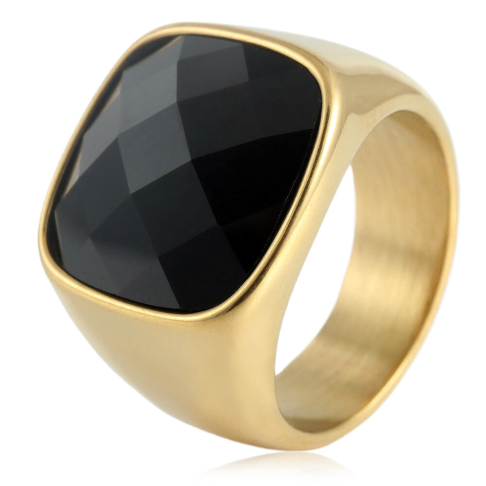 Stylish Titanium Steel Square Black Stone Ring for Men - Retro Punk Glossy Design with Personalized Touch