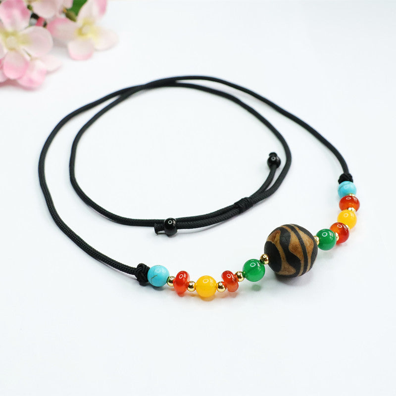 Tiger-Tooth Dzi Agate Bead Cord Pendant