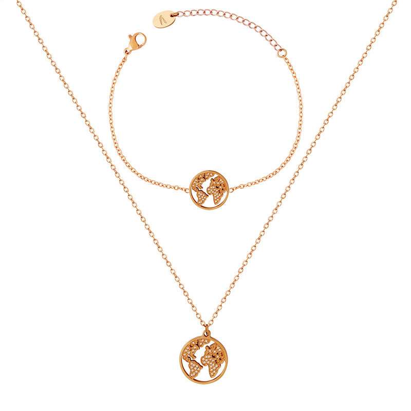 French Elegance Jewelry Set with Zircon Map Necklace, Rose Gold Finish - Ideal for Valentine's Day Gift