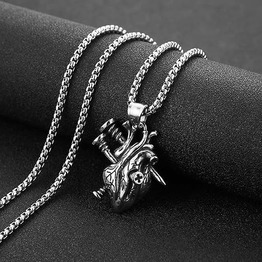 1. Planderful Dark Gothic Three Dimensional Heart Pendant Stainless Steel Necklace Unisex