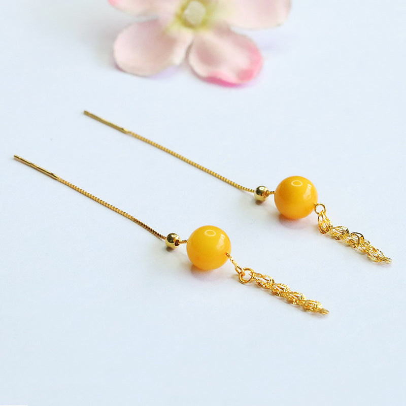 Yellow Beeswax Amber Wheat & Phoenix-Tail Threader Earrings