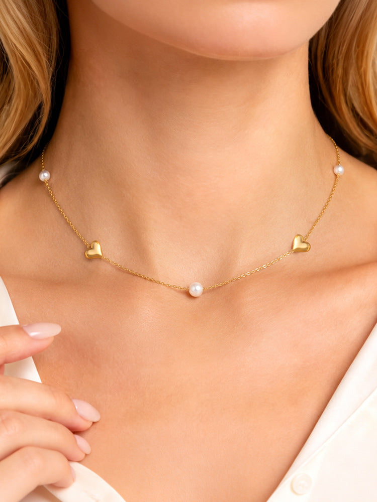 Stainless Steel Women's Style Imitation Pearl Heart Shape Stackable Necklace Gold