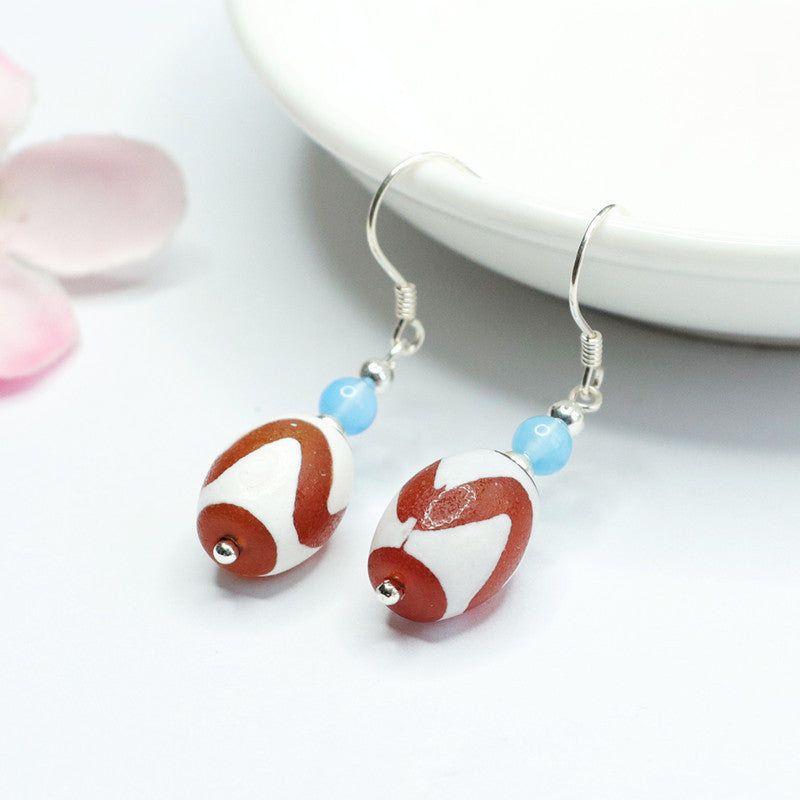 Tiger-Tooth Dzi Bead 925 Silver Hook Earrings