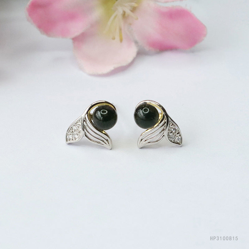 Blue Amber Dolphin 925 Silver Stud Earrings
