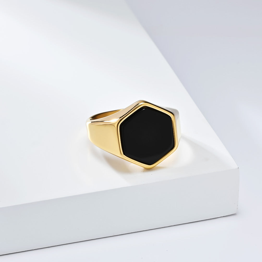 Ins Geometric Hexagonal Black Stone Titanium Steel Ring