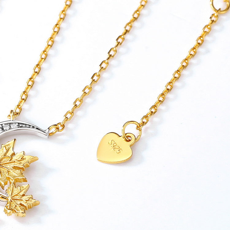 Two Tone Maple Leaf Moon Pendant Zircon Sterling Silver Necklace