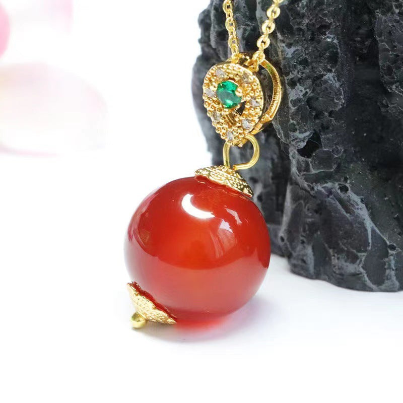 Natural Round Bead Red Agate Pendant Zircon Golden Necklace Jewelry