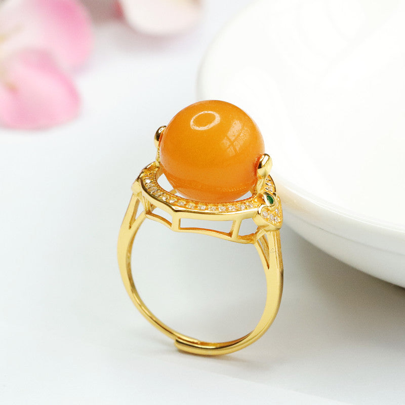 Elegant Sterling Silver Ring with Beeswax Amber Bead and Zircon