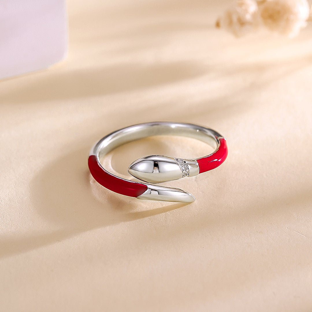 Planderful S925 Sterling Silver Snake Blessing Ring Women's New Chinese Year of the Snake Red Natal Year Zodiac Index Finger Ring Opening