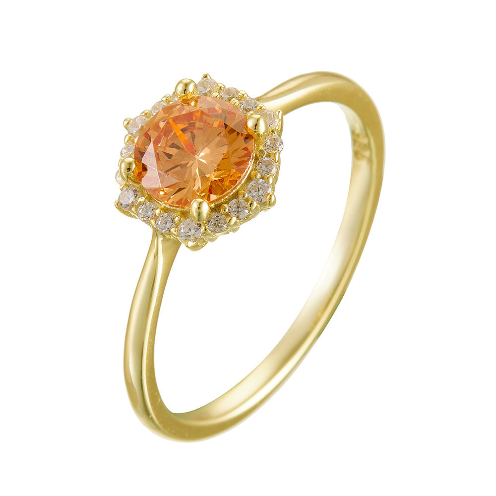 S925 Sterling Silver Champagne Zircon Ring Engagement Wedding Ring