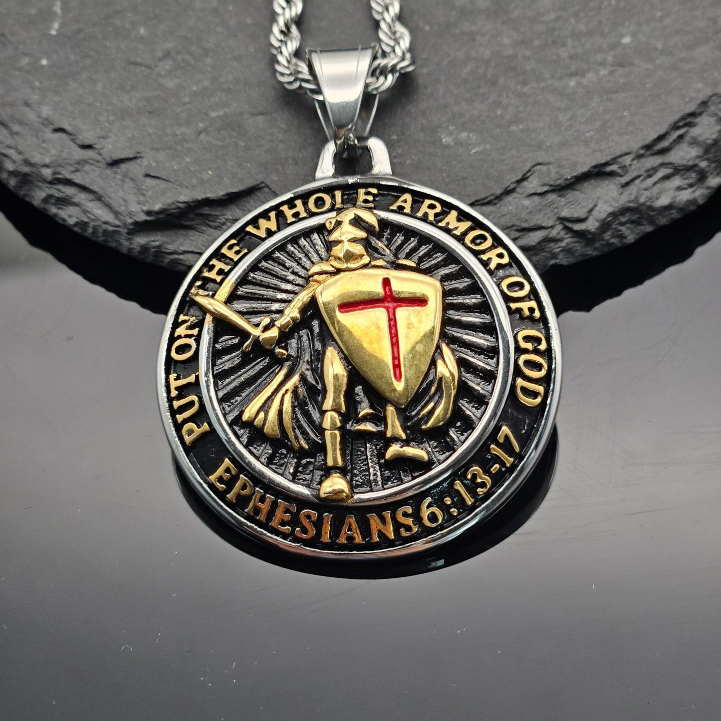Planderful Red Cross Shield Templar Necklace Titanium Steel Gold Plated Epoxy Pendant Unisex Protection Statement